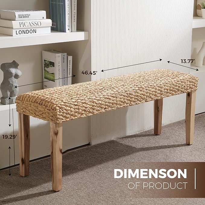 Indoor Bench Wicker for Entryway Bench, Wood Bench for Living Room Dining Bench or End of Bed Bench, 47" Boho Bench with Solid Wood Acacia & Natural Woven Seat, Rustic Farmhouse Rattan Hallway Bench