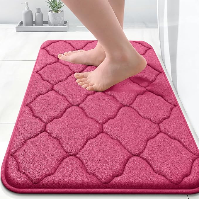 OLANLY Memory Foam Bath Mat Rug 24x16, Ultra Soft and Absorbent Bathroom Rugs, Non-Slip, Comfortable, Machine Washable Bath Carpet for Bathroom Floor, Tub, Shower and Home Decor Accessories, Deep Pink