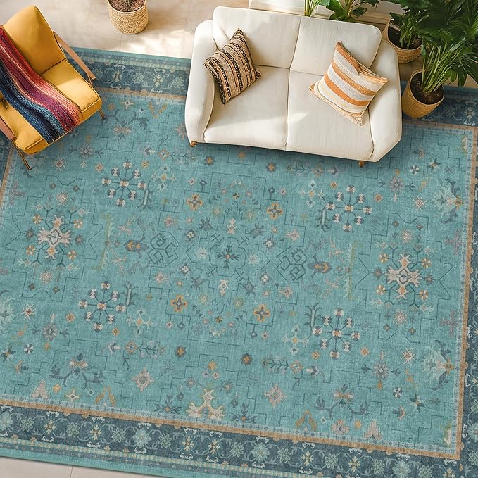 Large Boho 8x12 Teal Green Washable Living Room Rug - Vibrant Turquoise Rug for Bedroom Under Bed, Dining Room Under Table, Geometric Floral Low Pile & Soft Stain Resistant Carpet
