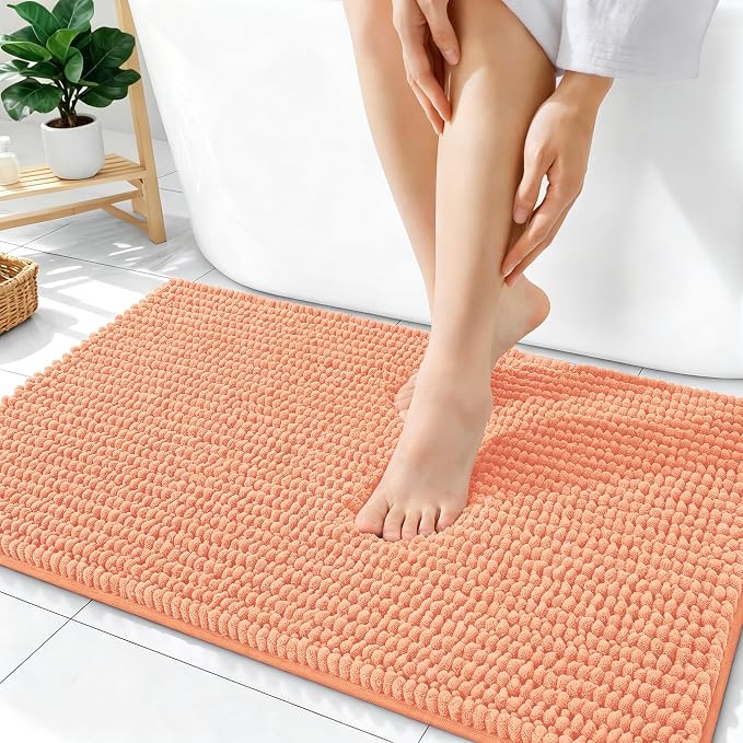 OLANLY Thick Bathroom Rugs 36x24, Extra Soft Absorbent Chenille Bath Rugs, Rubber Backing, Machine Wash Dry, Bath Mats for Bathroom Floor, Tub and Shower, Home Decor Accessories, Peach