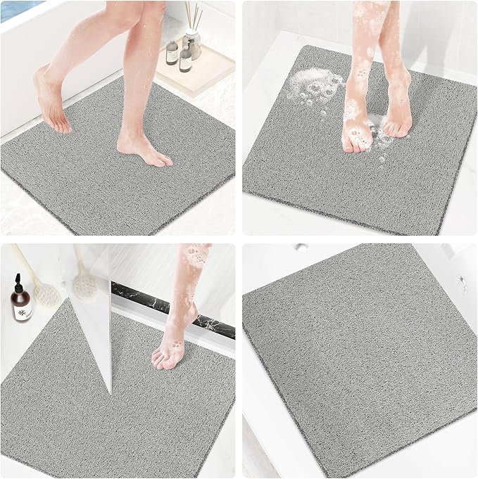 Shower Mat Bathtub Mat Non-Slip,24x24 inch, Soft Tub Mat with Drain,PVC Loofah Bath Mat (Phthalate Free) for Tub and Bathroom,Quick Drying,Grey