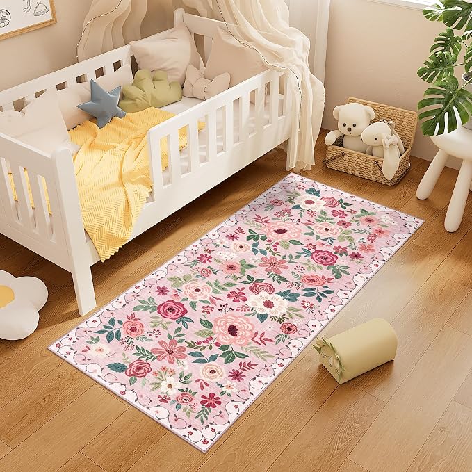 DUKINO 2x5 Runner Rug for Hallway, Washable Kitchen Floral Runner Rug with Non Slip Backing, Low Pile Soft Boho Carpet for Kitchen, Hallway, Entryway, Laundry, Bedroom, Pink