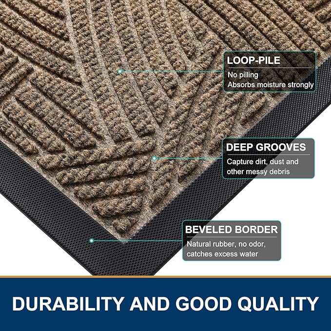 Smiry Front Door Mat Outside Entrance, Heavy Duty Sturdy Natural Rubber Doormat, Trap Dirt and Moisture, Easy Clean Low Profile Mats for Indoor Outdoor Entry, Interwoven Stripes 29.5x17, Brown
