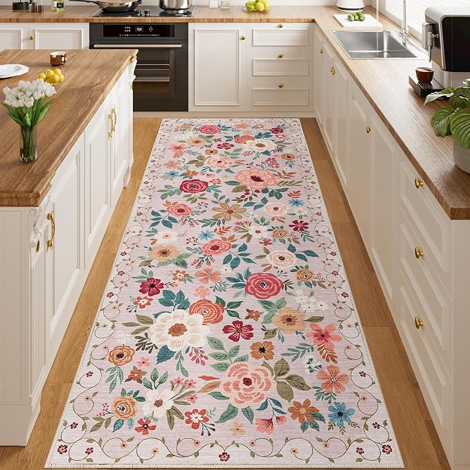DUKINO 3x8 Runner Rug, Washable Rug for Kitchen with Non Slip Backing, Soft Non Shedding & Low Pile Design Long Floor Carpet Runner for Hallway, Bathroom, Entryway, Laundry, Beige