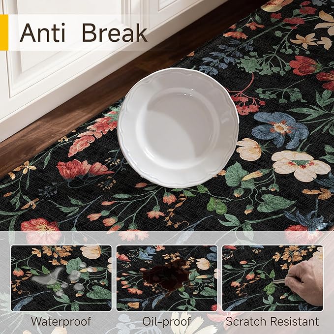 PureCozy Kitchen Mats 2PCS Anti Fatigue Cushioned Mat Non Slip Floral Boho Kitchen Mats for Floor Waterproof Comfort Standing Black Rug for Sink Laundry Office Desk 17.3"x59"+17.3"x30"