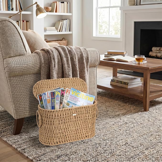 efluky Toilet Paper Storage Basket, Paper Rope Slim Toilet Paper Holder with Lid- Holds Up to 9 Mega Rolls, Home Bathroom Decor Organizer