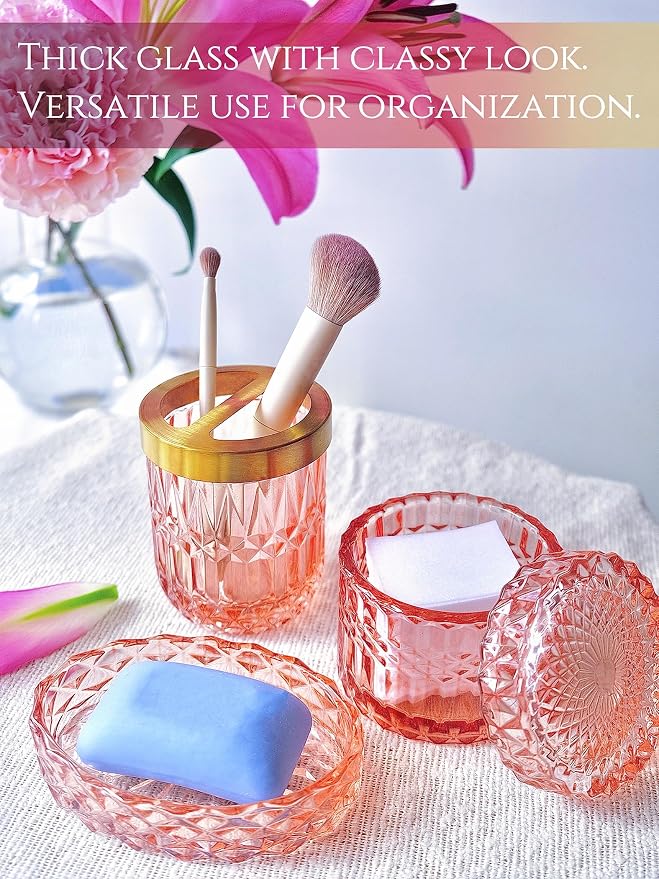 LaMarriti 5pcs Pink Bathroom Accessory Set, Clear Glass Bathroom Set, Soap Dispenser and Toothbrush Holder Set, Soap Dish, Tumbler, Qtips Holder for Crystal Modern Bathroom Decor, Set
