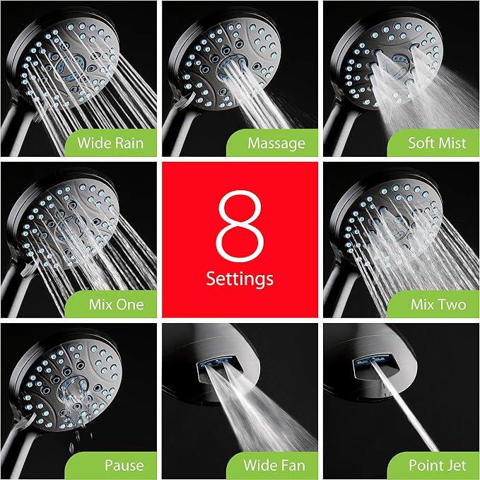Hotel Spa AquaCare High Pressure 8-mode Handheld Shower Head, Anti-clog Nozzles - Built-in Power Wash to Clean Tub, Tile & Pets, Extra Long 6 ft. Stainless Steel Hose, Wall & Overhead Brackets