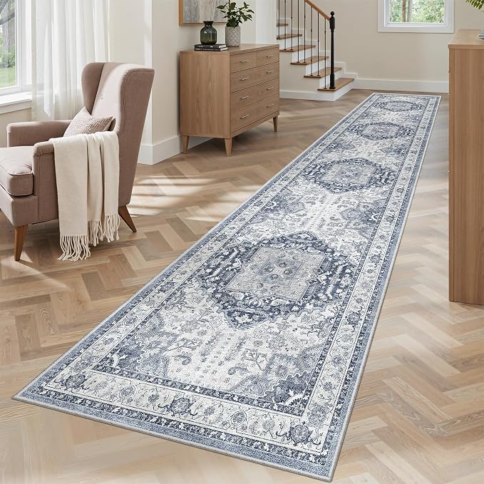 Madane Runner Rugs for Hallway 2x12 Extra Long Washable Non-Slip Hallway Runner Rug Low-Pile Stair Kitchen Throw Carpet Runner for Entrance Living Dining Laundry Room Rug (Navy/White, 2'x12')