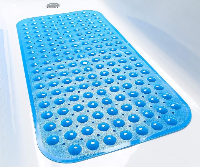 Large Non-Slip Bathtub & Shower Mat 31”x16” (Smooth/Non-Textured Tubs Only) Safe, Clean, Machine-Washable, Superior Grip&Drainage, Vinyl, Opaque Light Blue