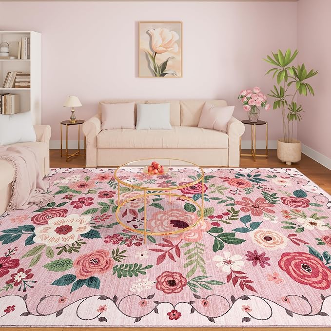 DUKINO 9x12 Area Rug, Floral Rugs for Living Room, Lightweight Non Slip Washable Rug, Indoor Low Pile & Non-Shedding Boho Design Rugs for Bedroom, Living Room, Dining Room, Pink