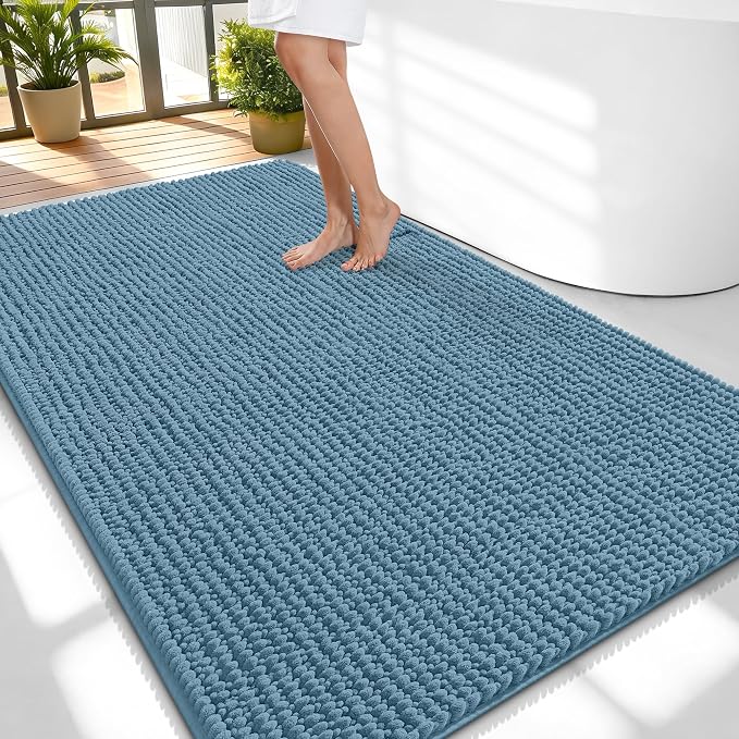OLANLY Thick Large Bathroom Rugs 59x35, Extra Soft Absorbent Chenille Bath Rugs, Rubber Backing, Machine Wash Dry, Bath Mats for Bathroom Floor, Tub and Shower, Home Decor Accessories, Airy Blue