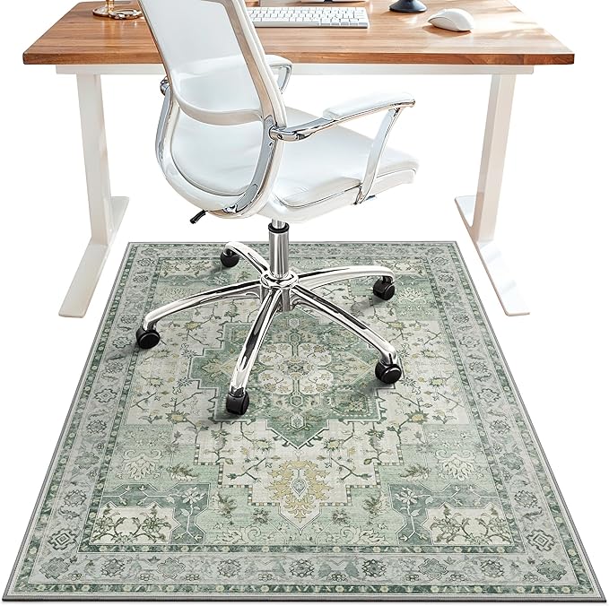 36"x60" Office Chair Mat for Hardwood Tile Floor, Under Desk Carpet Protector for Rolling Computer Chair Mat, Machine Washable Area Rug, Anti-Slip 1/5" Thick Low Pile Thin Vinyl Floor Mat, Green