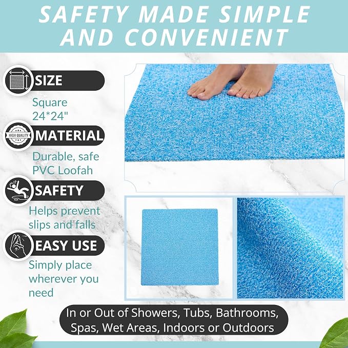 Enkosi Loofah Shower Mat Non Slip – Square Anti Slip Bath Mat for Inside Showers, Bathtub, Tub, Bathroom - Cushioned, Quick Dry PVC with Drain Holes - Secure Grip Safety Pad (Aqua Blue 24x24)