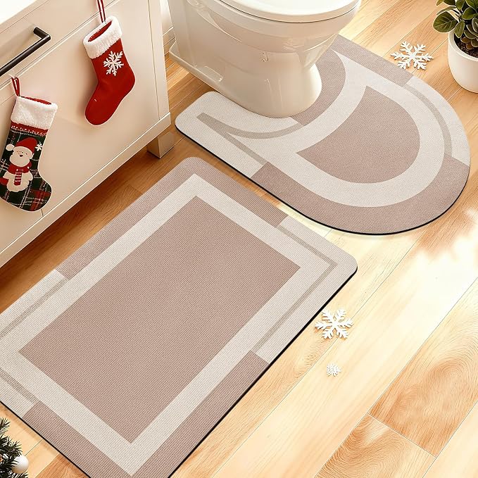 ACCUMTEK Non Slip Bath Mat, Thin Bathroom Rugs Fit Under Door, Quick Dry Bath Mats, Machine Washable Bath Rugs for Bathroom, Bathtub & Kitchen, Light Brown/Bordered/24 x17+ 24"x20" Contour Rug