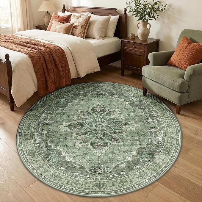 RELEANY Area Rugs Round 5ft Washable Non-Slip, Floral Vintage Distress Medallion Carpet for Living Room Bedroom Dining Room, Dark Green Gray