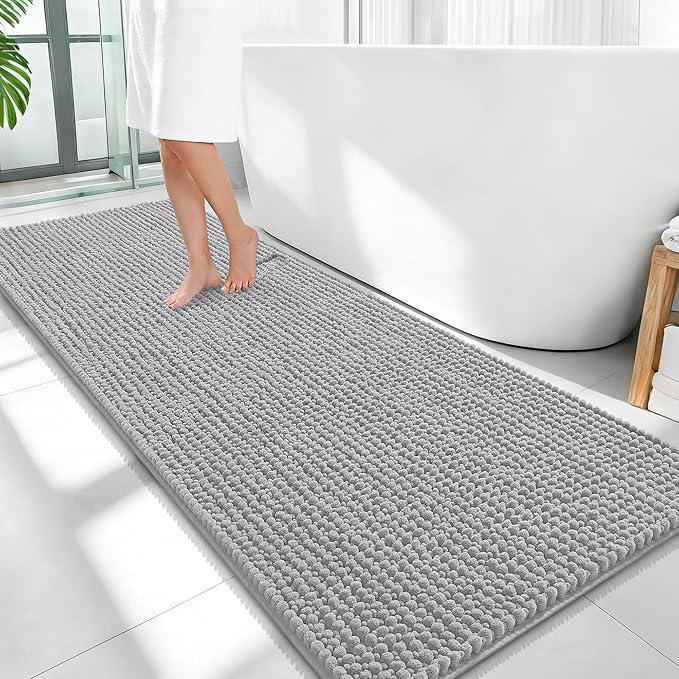 OLANLY Thick Bathroom Runner Rugs 59x24, Extra Soft Absorbent Chenille Bath Rugs, Rubber Backing, Machine Wash Dry, Long Bath Mats for Bathroom, Tub and Shower, Home Decor Accessories, Light Grey