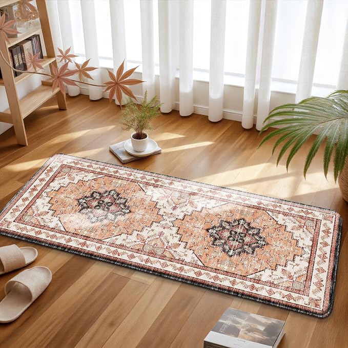 Boho Kitchen Mats for Floor 2 Piece Set Anti Fatigue Cushioned PVC Kitchen Rugs Non Slip Waterproof Farmhouse Mats 2/5 Inch Comfort Standing Mat for Sink, Laundry, 17.3"x47"+17.3"x28", Orange