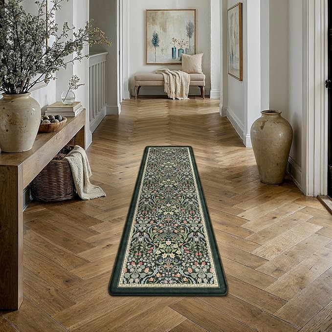 PureCozy Kitchen Mats for Floor 2PCS Anti Fatigue Cushioned Mat Non Slip Comfort Kitchen Rugs Vintage Floral Waterproof Standing Dark Green Mat for Sink Laundry Office Desk 17.3"x59"+17.3"x30"