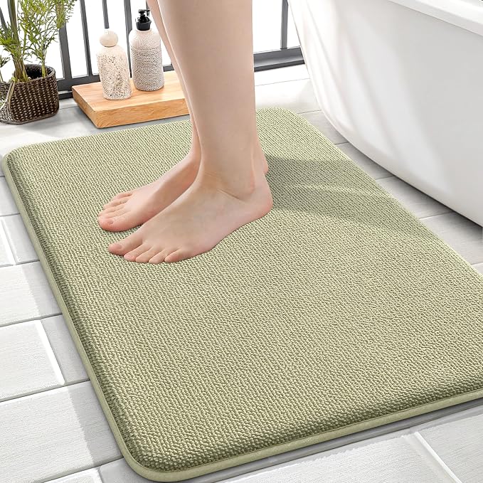 OLANLY Thick Memory Foam Small Bathroom Rugs 24x16, Extra Soft Absorbent Bath Rug, Quick Dry Bath Mats, Non-Slip, Machine Washable Carpet for Bathroom, Tub and Shower, Home Decor Accessories, Vanilla