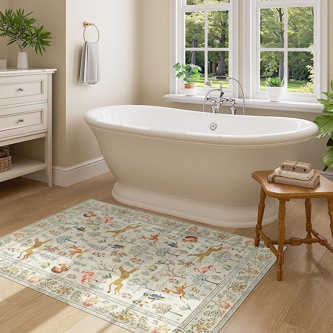DUKINO 3x4 Washable Entryway Rug, Vintage Animal Ultra Soft Kitchen Area Rug with Non Slip Backing, Low Pile & Stain Resistant Indoor Door Mat for Bathroom, Bedroom, Laundry Room, Office, Beige