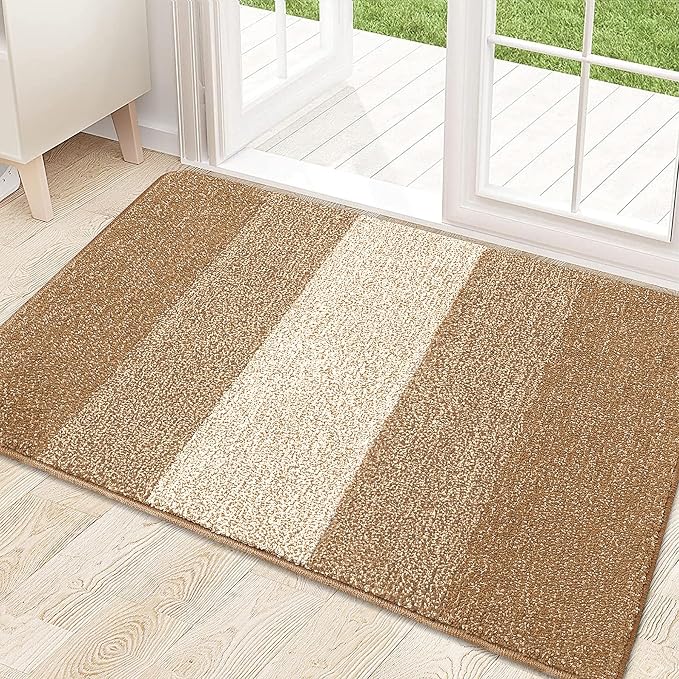 Kitinjoy Indoor Outdoor Door Mat, 32x20 Non-Slip Absorbent Dirt Trapper, Low-Profile Washable Inside Entrance Front Floor Mat, Sturdy Soft Entry Doormats for Entryway, Camel