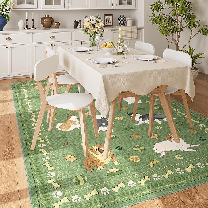 DUKINO 5x7 Rug for Living Room, Lightweight Animal Dog Print Washable Area Rug, Soft Non Slip & Low Pile Floor Mat, Stain Resistant Large Carpet for Bedroom, Nursery, Dining Room, Kids Playroom, Green