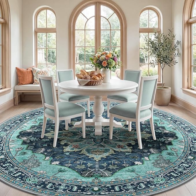 RELEANY Area Rugs Round 10ft Washable Non-Slip, Floral Vintage Distress Medallion Carpet for Living Room Bedroom Dining Room, Teal Green Lake Blue Turquoise