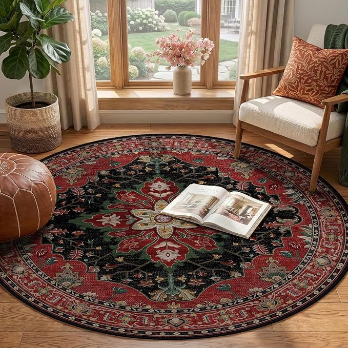 RELEANY Area Rugs Round 4ft Washable Non-Slip, Floral Vintage Distress Medallion Carpet for Living Room Bedroom Dining Room, Red Black