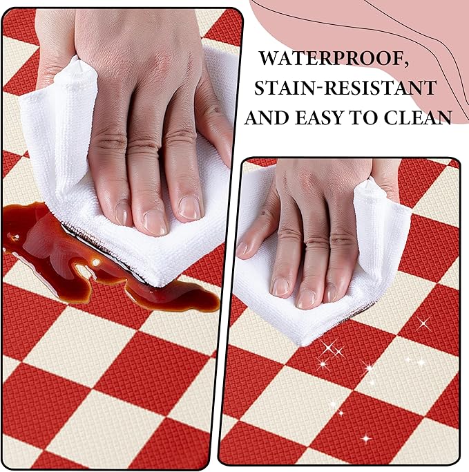 Beige Red Checkered Grid Checkerboard Kitchen Rug Sets [2 PCs], Anti-Fatigue, Waterproof Non-Slip Kitchen Mats Heavy Duty Comfort Foam Rug for Kitchen, Floor, Home, Laundry,17"x29"+17"x47"