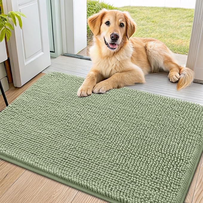 Smiry Dog Door Mat for Muddy Paws 36x24, Absorbent Dirt Trapper, Non-Slip Washable Chenille Entryway Rug for Inside Floor, Sage Green, Classic Solid