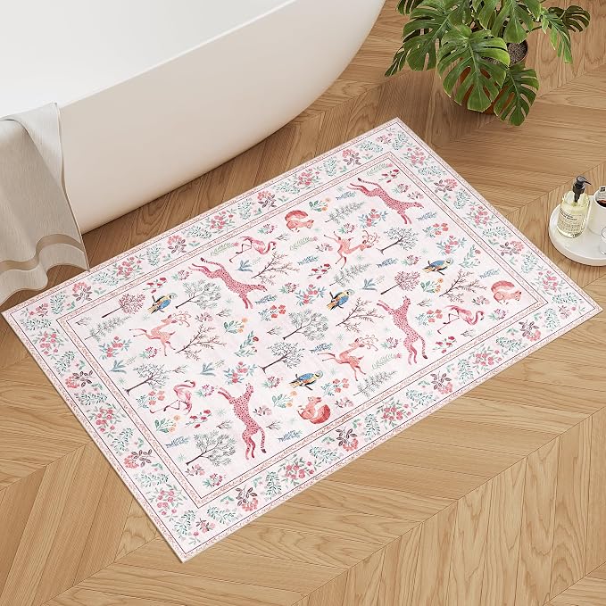 DUKINO 2x3 Rug, Washable Animal Rugs for Entryway, Non Slip Indoor Door Mat, Soft Low Pile Small Area Carpet for Entrance, Bedroom, Kitchen, Laundry, Bathroom, Pink