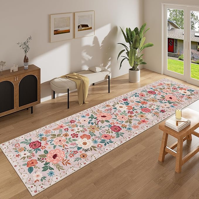 DUKINO Runner Rug for Hallway, 2.6x10 Washable Floral Long Kitchen Rug with Non Slip Backing, Lightweight & Stain Resistant Soft Runners for Indoor Entrance, Laundry, Living Room, Bedroom, Beige
