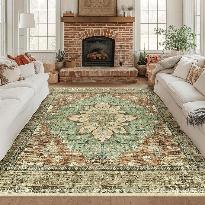 RELEANY Area Rugs Square 8ft Washable Non-Slip, Floral Vintage Distress Medallion Carpet for Living Room Bedroom Dining Room, Terracotta Burnt Orange Green