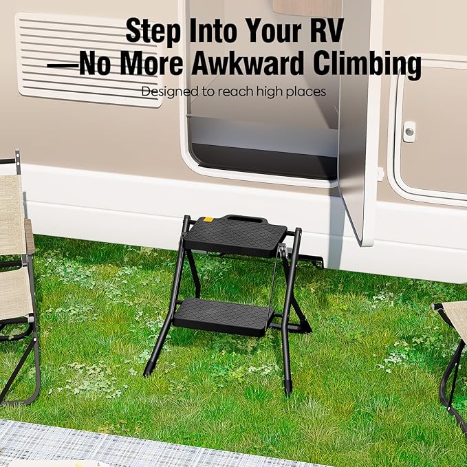 URACKIFY 2 Step Stool Foldable, Step Ladder with Non-Slip Rubber mat, Step Stool with Release Button, Lightweight Steel, Black, for up to 330LBS.