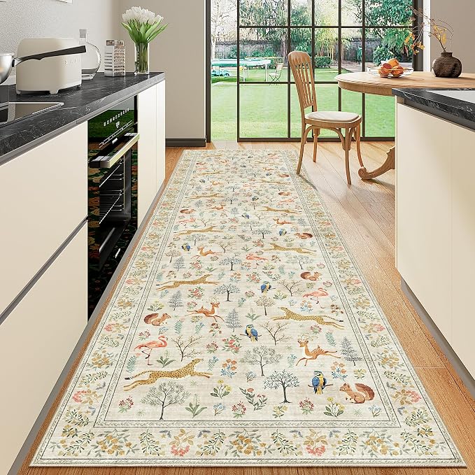 DUKINO 3x10 Washable Runner Rug for Hallway, Lightweight Long Kitchen Rug with Low Pile Design, Vintage Animal Non Shedding Thin Indoor Carpet for Entryway, Bathroom, Bedroom, Laundry Room, Beige