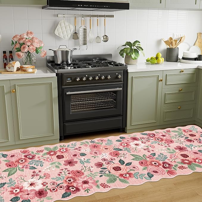 DUKINO 2.6x10 Runner Rug for Hallway, Lightweight Washable Floral Kitchen Rug with Non Shedding, Soft Low Pile & Non Slip Backing Boho Runner for Entryway, Bathroom, Laundry, Bedroom, Pink