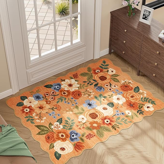 DUKINO 2x3 Entryway Rug, Floral Washable Indoor Door Mat with Non-Slip Backing, Soft Low Pile Small Front Door Throw Rugs for Entryway, Kitchen, Bedroom, Laundry, Bathroom, Orange