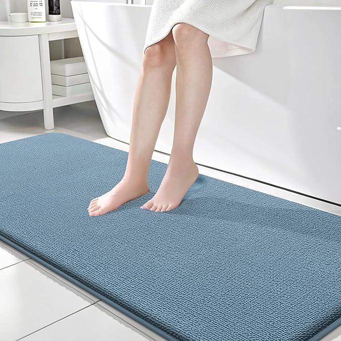 OLANLY Thick Memory Foam Bathroom Runner Rugs 70x24, Extra Soft Absorbent Long Bath Rug, Quick Dry, Non-Slip, Machine Washable Bath Mats for Bathroom, Tub and Shower, Home Decor Accessories, Airy Blue