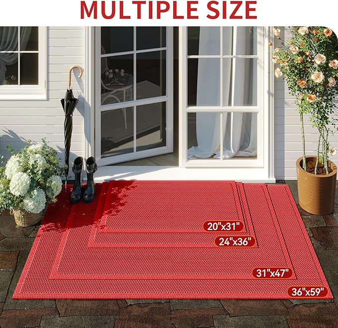 Front Door Mat 31''x47'', Drainage Heavy Duty Dirt Trapping Non-Slip Doormats, Outdoor Rubber Floor Mats, Restaurant Commercial Kitchen Industral Pool Entrance Bar Wet Area, Red