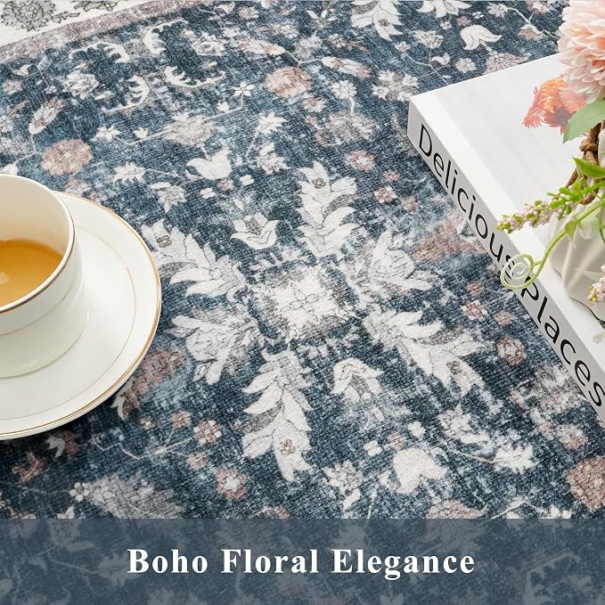 Washable Hallway Runner Rug 2x10: Non Slip Vintage Boho Carpet with Rubber Backing for Kitchen Entryway Hall Holiday Farmhouse Neutral Cream Long Runners (Blue,2'x10')
