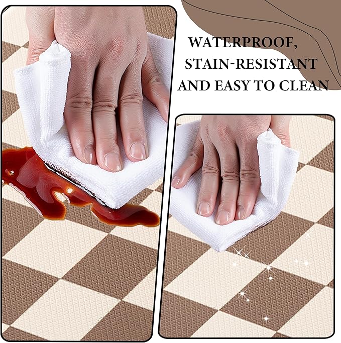Beige Khaki Checkered Grid Checkerboard Kitchen Rug Sets [2 PCs], Anti-Fatigue, Waterproof Non-Slip Kitchen Mats Heavy Duty Ergonomic Comfort Foam Rug for Floor, Home,17"x29"+17"x47"