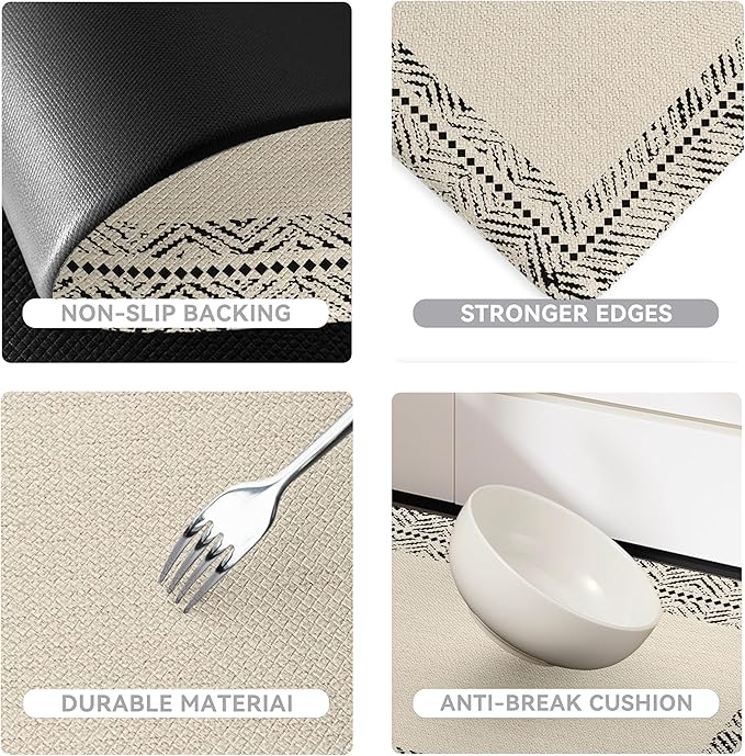 Black Vintage Boho Elegance Frame Kitchen Rug Sets [2 PCs], Anti-Fatigue, Waterproof Non-Slip Kitchen Mats Heavy Duty Comfort Foam Rug for Kitchen, Floor, Laundry,17"x29"+17"x47"