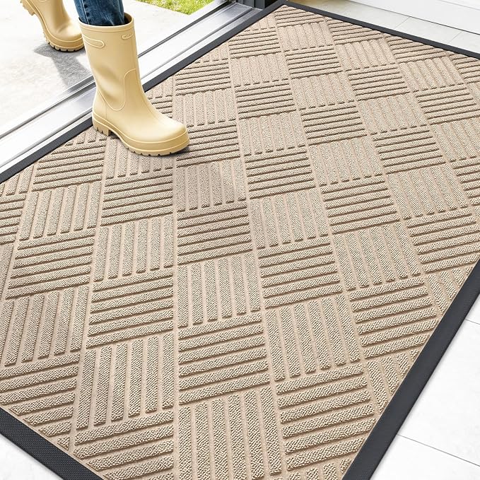 OLANLY Front Door Mat Outside Entrance 47x32, Absorbent, Heavy Duty Sturdy Natural Rubber Doormat Indoor Outdoor, Stain Fade Resistant, Non-Slip Low Profile Floor Mat for Entryway, Latte White Diamond