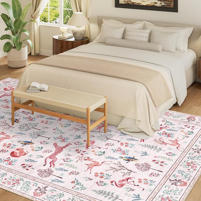 DUKINO 6x9 Rug, Washable Animal Living Room Rug with Non Slip Vintage Design, Soft Low Pile Large Carpet for Bedroom, Nursery, Dining Room, Farmhouse, Playroom, Pink