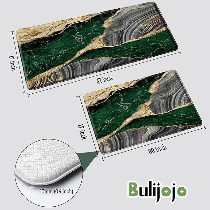Bulijojo Green Ink Abstract Marble Anti Fatigue Kitchen Floor Mats Set of 2 Waterproof Kitchen Sink Runner Rug Standing Mat Cushioned Kitchen Rugs Comfort Doormat 17"x47"+17" x30“