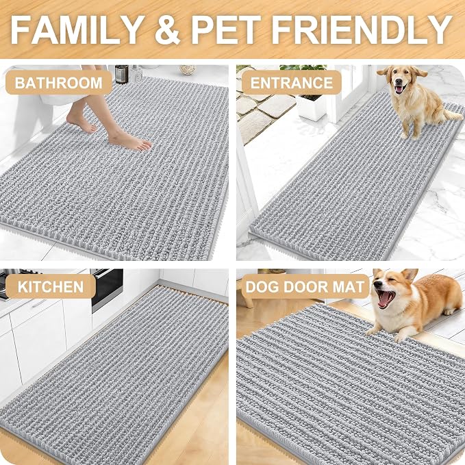 OLANLY Long Bathroom Rugs Runner 47x17, Thick Soft and Absorbent Chenille Bath Mat, Non-Slip, Machine Washable Quick Dry Bath Rugs for Tub Shower Floor, Home Decor Accessories, Light Grey