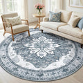 RELEANY Area Rugs Round 6ft Washable Non-Slip, Floral Vintage Distress Medallion Carpet for Living Room Bedroom Dining Room, Light Gray Grey White