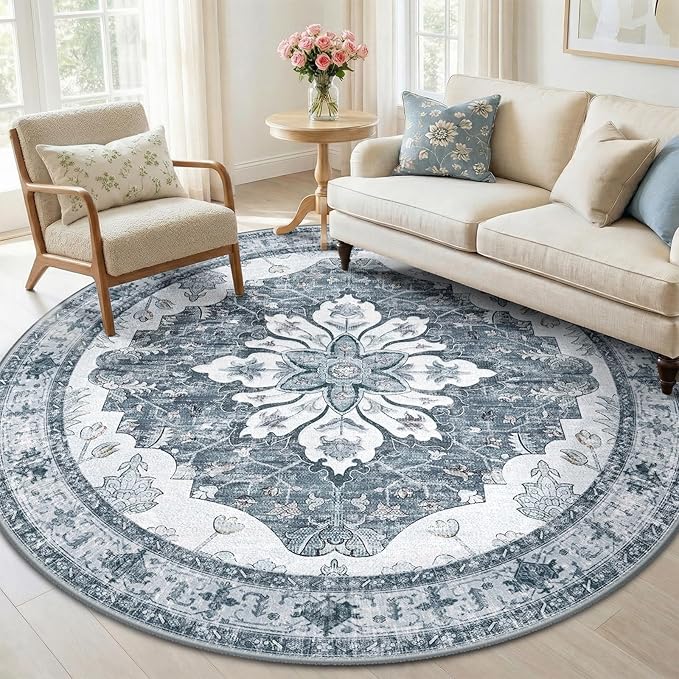 RELEANY Area Rugs Round 6ft Washable Non-Slip, Floral Vintage Distress Medallion Carpet for Living Room Bedroom Dining Room, Light Gray Grey White