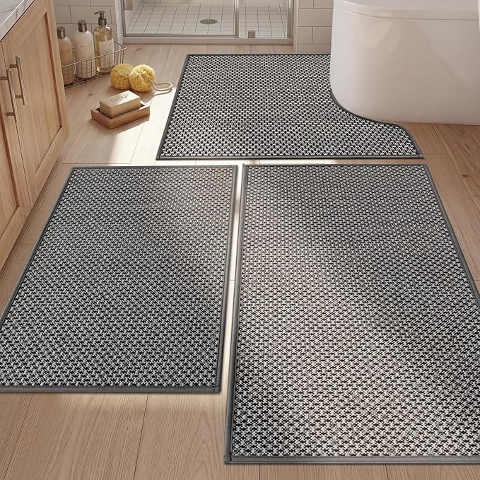 YIHOUSE Thin Bath Mat Dark Grey Bathroom Rugs Sets 3 Pieces, Non Slip Absorbent Bath Mats Quick Dry, Woven Braided Rugs Washable, Rubber Tapetes para Baño for Bathroom Toliet,Bathtub